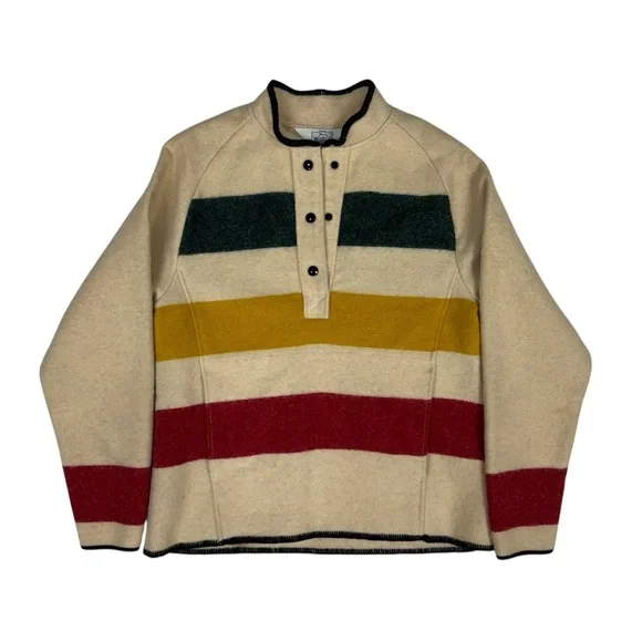 Vintage Woolrich Hudson Bay Sweater Womens Medium Beige Stripe Snap 70s 80s USA - Picture 2 of 8